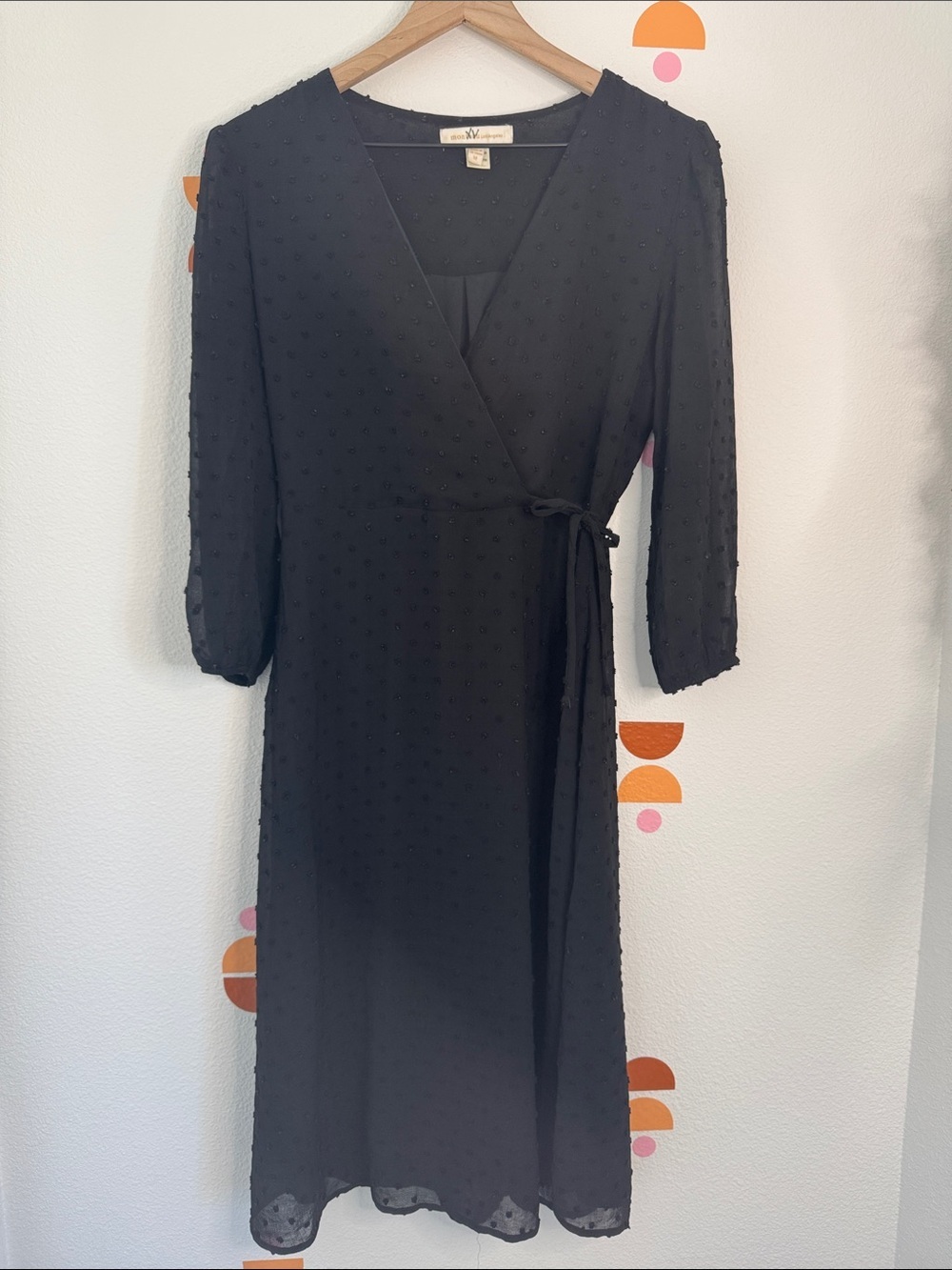 Black Textured Swiss Dot Wrap Midi Dress with Self-Tie Waist N0237